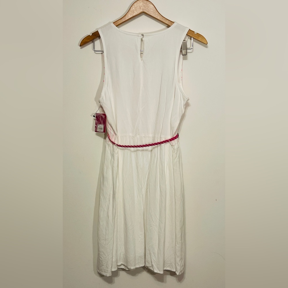 Youth 18+ dainty, embroidered cream-white sleeveless dress with cute pink belt.